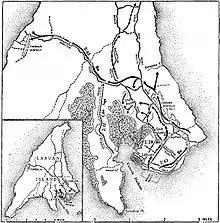 Map of Labuan marked with localities referred to in the article, and the movements of military units as described in the article