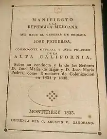 Image 15The 1835 Manifiesto a la República Mejicana, by José Figueroa, was the first book published in California (from Culture of California)