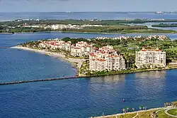 Fisher Island, South Pointe Park, and Government Cut (foreground) and Virginia Key (background)