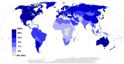 Image 13Fixed broadband Internet subscriptions in 2012as a percentage of a country's populationSource: International Telecommunication Union. (from History of the Internet)