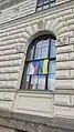 Flags of Czechia and Ukraine in common display in a building close to Rudolfinum in Prague. Ukrainian flags are posted in many public buildings in Czechia.