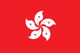 A flag with a white 5-petalled flower design on solid red background