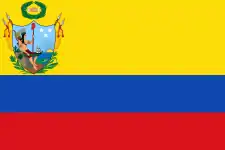 The flag of Gran Colombia (1819–1820), a charged horizontal triband.