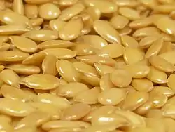 A close-up of glistening, golden flax seeds.