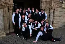 Sixteen young men in tuxedoes stand and squat and with arms around each other in front of ornate sandstone pillars.