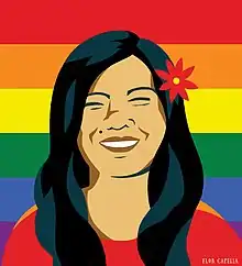 Illustration of Diana Sacayán, a smiling brown woman with a flower in her black hair and a rainbow flag background behind her.