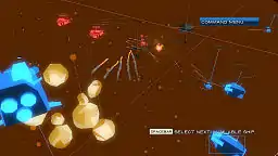 Several ships exchanging missiles across a three-dimensional area littered with asteroids. The ships, asteroids, and missiles are all rough-looking, with hard edges and few details.