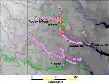 A map showing a portion of North Carolina, which is pin-pointing the flooded areas along the Tar and Neuse rivers