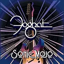 The Foghat logo and album title superimposed over a graphic of a guitar and a starburst design