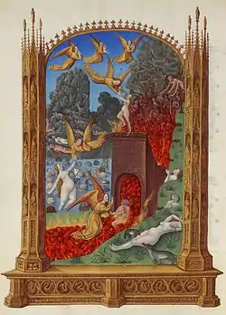 A fiery purgatory in the Très riches heures du Duc de Berry. The faithful dead (bottom left) go through the furnace and once purified (top right) ascend towards Heaven. Some of the faithful are plucked by angels, the result of intercessory prayers. The icy water is a common pairing.