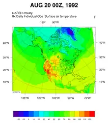 A map of North American air temperatures at 5:00 p.m., showing very high temps localized to California