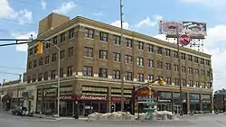 Fountain Square Theatre Building and the Lady Spray Fountain in the foreground.