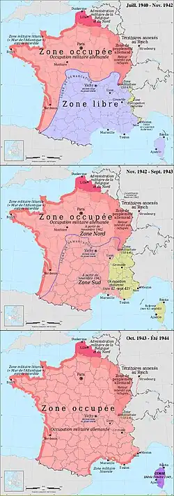 The zone occupée: German (pink) and Italian (yellow) occupation zones of France, the zone libre, the zone interdite, the Military Administration in Belgium and Northern France, and annexed Alsace-Lorraine