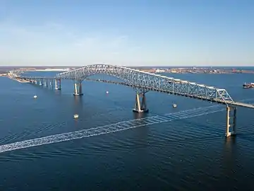 Key Bridge looking to the northeast with Sparrows Point and the Bethlehem Steel Corporation steel mill and shipyards of southeast Baltimore County in the distance, February 2018