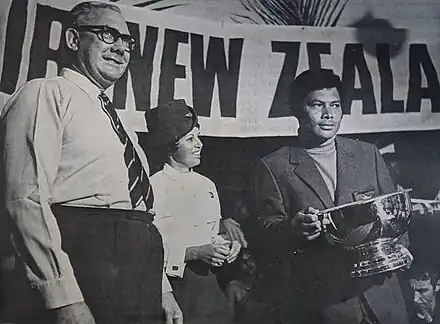 Frank Molloy being presented with the Fiji Open Cup by Fiji Governor Sir Robert Foster