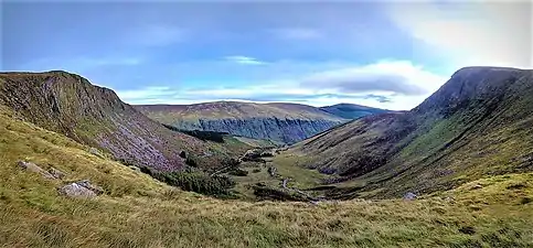 View east across the Fraughan Rock Glen with Benleagh (left) and Cloghernagh (right)