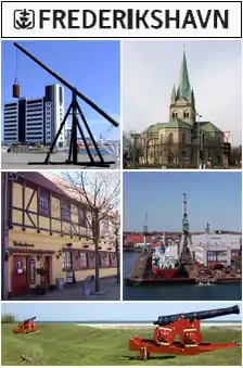 From upper left: Kattegat Silo, Frederikshavn Church [da], Havnegade, Port of Frederikshavn, Nordre Skanse