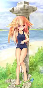 A manga-like character in a school swimsuit
  