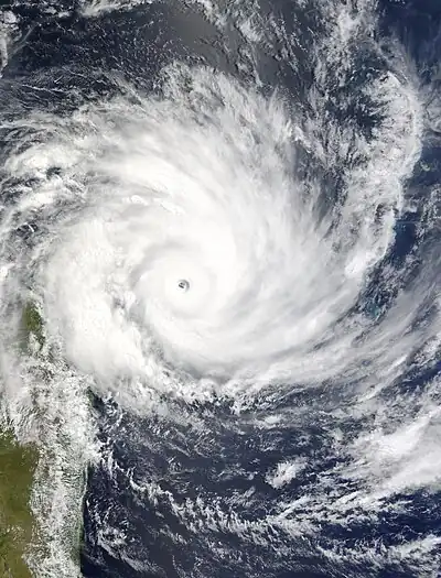 Image 69Satellite image of Cyclone Gafilo, a powerful Category 5 tropical cyclone which struck Madagascar in March 2004, causing devastating damage. This was taken just before landfall, when the system was at its peak intensity about 333 km (207 mi) east of Madagascar, with sustained windspeed of 260 km/h (160 mph). At least 250 people were listed dead, with more missing, and 300,000 people were left homeless due to Gafilo. (Credit: Terra satellite, NASA.) (from Portal:Earth sciences/Selected pictures)