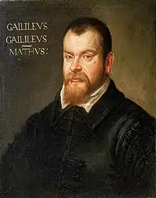 A portrait of the head and upper body of a middle-aged man with a receding hairline and brown beard. He is wearing a black, Italian Renaissance outfit. The text "GAILILEVS GAILILEVS – MATHVS:" is painted to the left of the man's head.