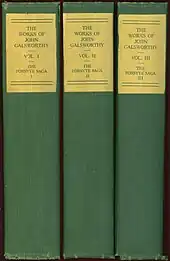 three book spines, green binding with yellow labels, reading "The Forsyte Saga, Vol 1, 2 and 3"