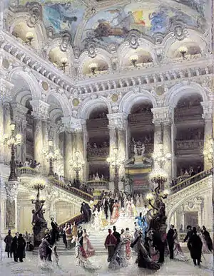 The grand stairway of the Paris Opera, designed by Charles Garnier, in the style he called simply "Napoleon III"