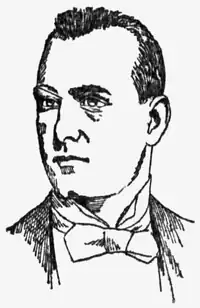 A black and white portrait illustration of a man wearing a suit and bowtie