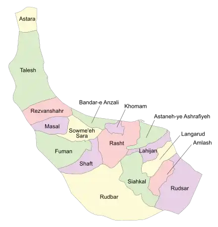 Location of Rezvanshahr County in Gilan province (left, pink)