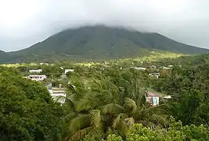 Nevis peak and Gingerland, from a porch on the Hermitage Hotel