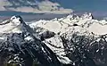 View from Ruby Mountain, featuring Davis Peak (left), Glee Peak (centered), Mt. Degenhardt/Inspiration Peak (right of center), and the McMillan Spires to the right.