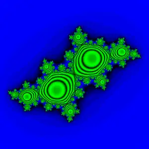 Filled Julia set for 
  
    
      
        
          f
          
            c
          
        
        (
        z
        )
        =
        z
        ∗
        z
        +
        c
      
    
    {\displaystyle f_{c}(z)=z*z+c}
  
 for Golden Mean rotation number with interior colored proportional to the average discrete velocity on the orbit = abs( z_(n+1) - z_n ). Note that there is only one Siegel disc and many preimages of the orbits within the Siegel disk