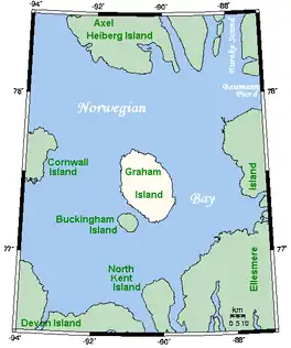 Closeup view of Graham Island and Norwegian Bay.