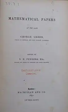 Title page of a 1871 copy of the "Mathematical Papers of the Late George Green," which was edited by Ferrers