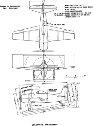 3-view line drawing of the Grumman F8F-2 Bearcat