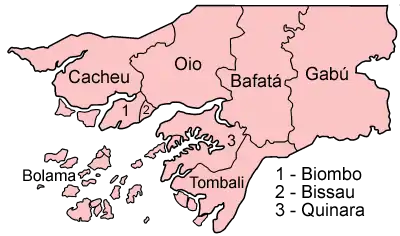 A clickable map of Guinea-Bissau exhibiting its eight regions and one autonomous sector.