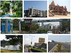 Clockwise from Top Left: Guntur Medical College, General Hospital, Iskcon Temple, Guntur Municipal Corporation, Chuttugunta Centre, One-Town Centre, A park with pond in Gujjanagundla.