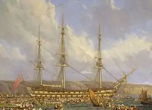 Oil painting of a three-masted sailing ship seen from side against a background of cliffs, with many small boats filled with people in the foreground.