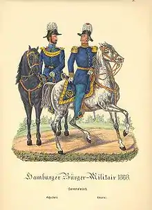 A drawing of two soldiers in blue uniforms on horseback.