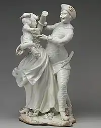 Harlequin Family, 1740-1745, based on a Meissen group, one of the "factory's finest achievements".