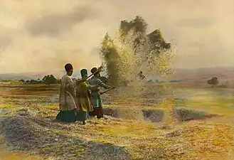 Wild wheat ears shatter when ripe, but domesticated wheat has to be threshed (as shown) to release the grain. Photograph by Harold Weston, Iran, 1920s