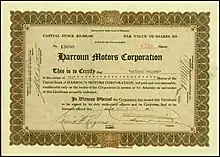 Stock certificate of Harroun Motors