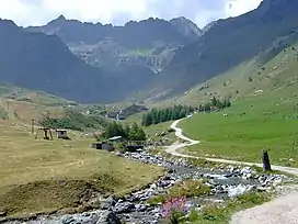 Valley with narrow dirt road and a stream