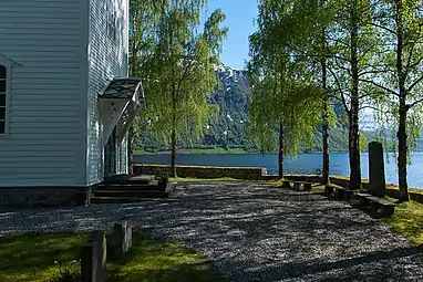 View of the main entrance with the lake in the background