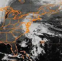 Image of remnant hurricane clouds in the Atlantic off the coast of North Carolina and Virginia, and over Maryland, Delaware, and eastern Pennsylvania