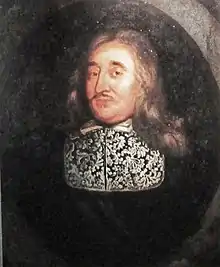 Detail (head) of a painted bust-length portrait of Henry O'Brien, 5th Earl of Thomond, showing a fair-haired man with a moustache against a dark background