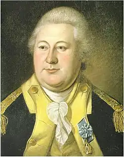 Portrait shows a portly man with white hair and a double chin. He wears the uniform of the Continental Army, a dark blue coat with buff lapels and facings.