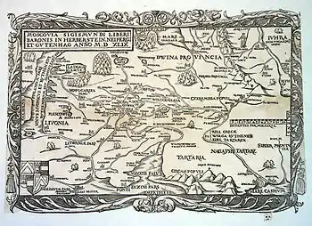 An example of using Moscovia, Sigismund von Herberstein, 1549. The coast of the Baltic Sea is called the Livonian-Ruthenian coast (Sinus livonicus et ruthenicus), as well as the edge of Ruthenians or Muscovites (Ruthenorum seu Moscovitarum fine).