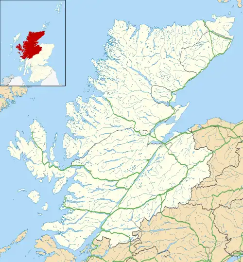 map of the Highland council area of Scotland, bordered by seas and parts of immediate southern and eastern council areas, depicting some roads, lakes and watercourses