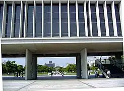 Hiroshima Peace Memorial Museum showing axis with cenotaph and A-bomb dome (1949)