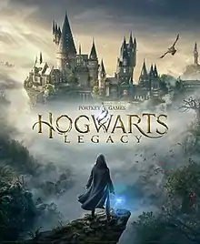 Front cover of the video game Hogwarts Legacy showing a single figure facing away from you towards Hogwarts castle.